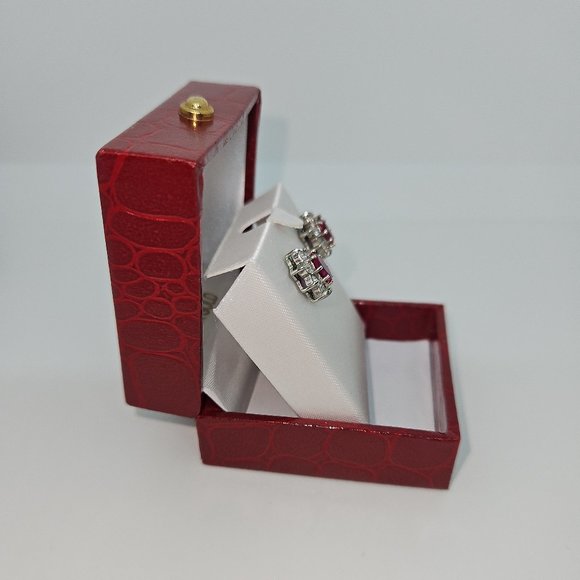 Simulated Ruby Red/White Oval Stud Earrings - Picture 6 of 12